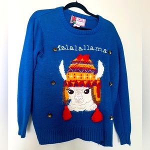 Holiday Sweater Llama Blue With Bells and Tassels S/M